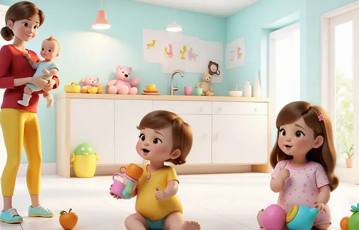 Happy Children Playing with Toy 3D Picture Cartoon Illustration